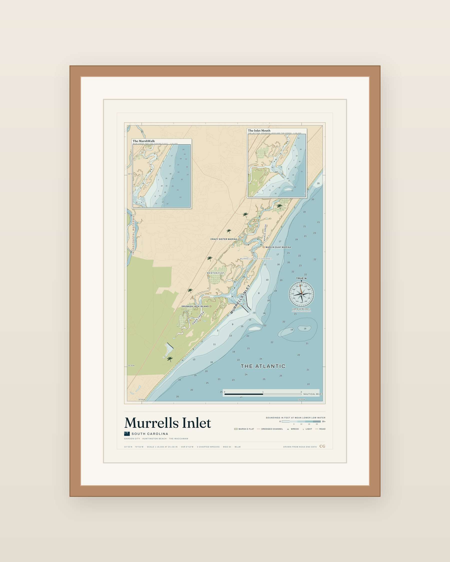 Murrells Inlet nautical chart print in a red oak frame with a white mat